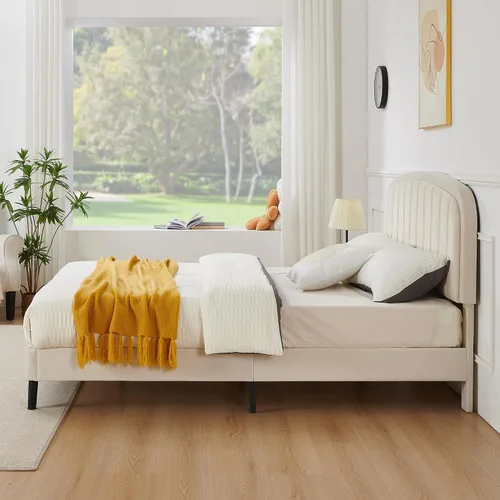 Vista 8 de Furnify Marco de cama individual, base de cama suave con esquinas redondeadas, base de cama tapizada de tela de terciopelo con cabecera redonda