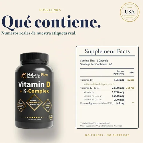 Vista 2 de Natural Flow Vitamina D3 con Complejo K2, 5000 UI, 60 Cápsulas