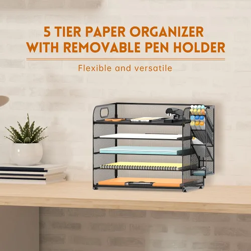 Vista 2 de SUPEASY Organizador de escritorio de 5 niveles con asa y soportes extraíbles para bolígrafos, organizador de papel de malla/archivos para Negro