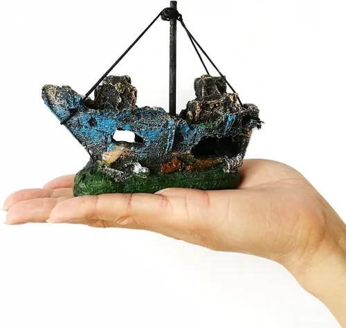 Vista 5 de Barco de pesca de resina para decoración de acuario Planta decorativa de plástico para acuarios, boat