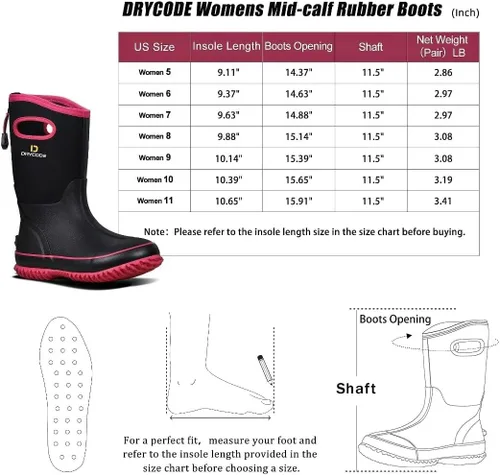Vista 4 de D DRYCODE Rubber Boots for Women, Rain Boots with Warm Neoprene, Waterproof Mid Calf Mud Insulated Work Boots for Womens Gardening, Farming