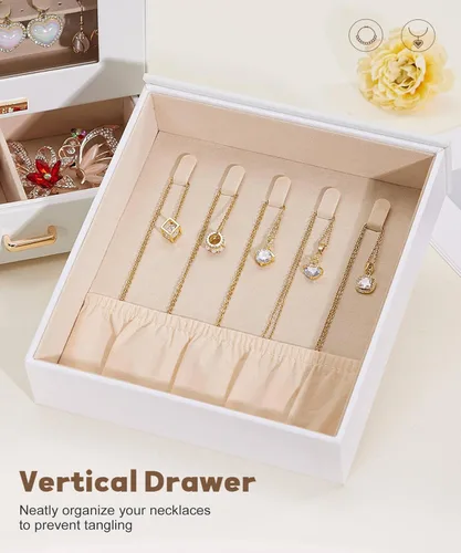 Vista 9 de Homde Organizador de joyas para niñas y mujeres, joyero para collares, anillos, aretes, regalo de Navidad, pulseras (blanco + dorado)