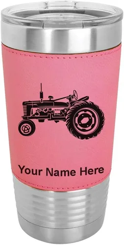 Vista 9 de LaserGram Vaso aislado al vacío de 20 onzas, Old Farm Tractor, grabado personalizado incluido (piel sintética, estilo béisbol) Engraved Gift, Faux