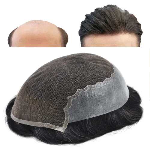 Vista 19 de Toupee para hombres, sistemas de reemplazo de cabello francés, encaje frontal, nudos blanqueados, línea capilar natural, encaje con piezas