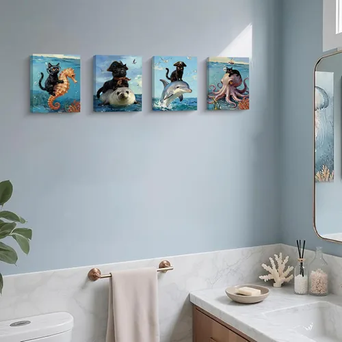 Vista 4 de Arte de pared enmarcado para baño, gato negro, aventura oceánica, póster de lienzo de 4 piezas de gato pirata náutico con caballito de mar, manatí