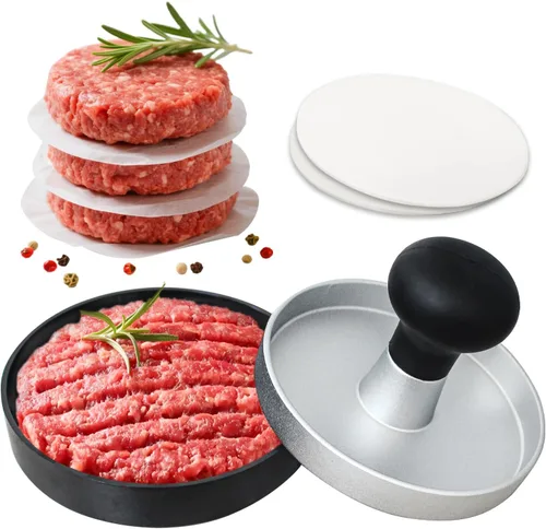 Vista 8 de Smash - Prensa de hamburguesa redonda de 6.9 pulgadas, herramienta trituradora de hamburguesas de hierro fundido resistente de 2.2 libras con mango