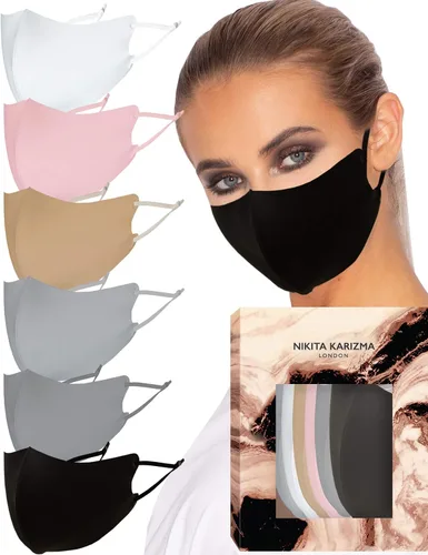 Vista 8 de KARIZMA Mascarillas Faciales de Tela Wardrobe para Mujer, Paquete de 6. 6 Máscaras Faciales Negras Suaves como la Mantequilla, Tela Lavable