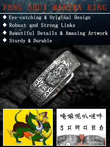 Vista 3 de Seiyang Anillo de Feng Shui 925 Plata de Ley Pixiu Mantra Anillo de Protección de Riqueza Ajustable Regalo para Hombres Mujeres (con Caja de Regalo)