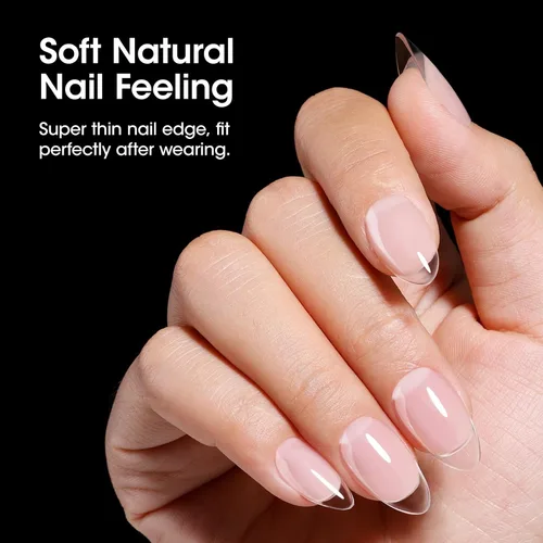 Vista 3 de Gellen - Puntas de uñas cortas de almendra, 504 unidades, gel suave transparente de cobertura completa, 12 tamaños Almendra corta transparente