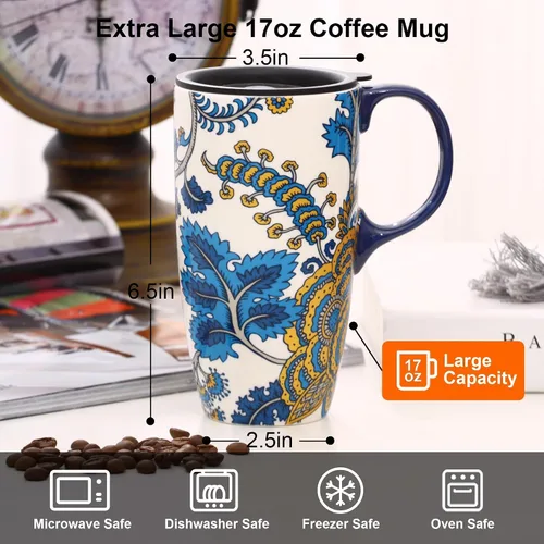Vista 5 de DUSVALLY Taza de viaje de cerámica de 17oz con tapa, taza de café floral Azul