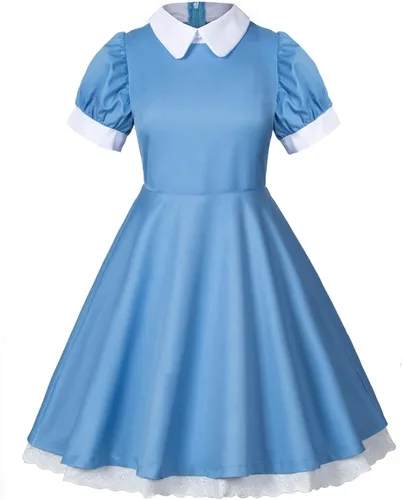 Vista 5 de Wannsee Juego de 6 piezas de delantal de sirvienta francesa de Lolita para disfraz de cosplay y guantes para la cabeza (azul, talla grande 5XL)