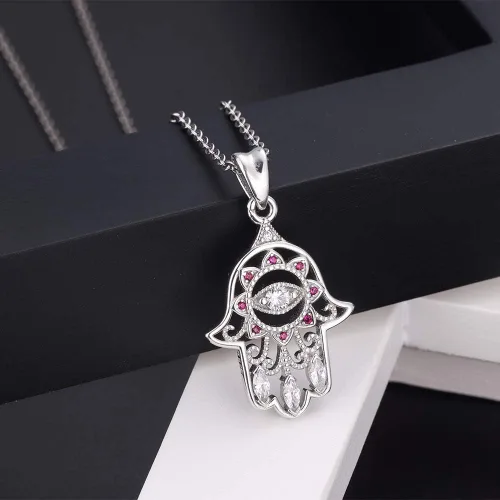 Vista 7 de Aniu Joyería de plata de ley 925 Hamsa de Fátima para mujer con circonita cúbica, viene con caja de regalo negra