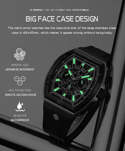 Vista 4 de Paras - Reloj de pulsera para hombre Tonneau impermeable para hombre, cronógrafo de lujo, analógico, con correa de silicona y fecha, Plata, oro