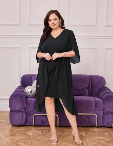 Vista 7 de Hanna Nikole Vestido de cóctel de gasa para mujer, talla grande, con volantes, manga 34, vestidos de fiesta de invitados de boda con dobladillo alto
