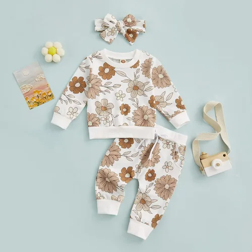 Vista 6 de Conjunto de 3 piezas para bebé, sudadera con margaritas + pantalones + diadema para bebé, ropa de otoño e invierno