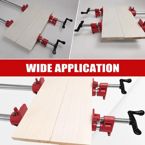 Vista 6 de Juego de abrazaderas para tuberías de madera de 3/4" con diseño de pie único rojo. Abrazaderas de barra resistentes de hierro fundido de liberación