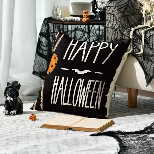 Vista 4 de AVOIN colorlife Happy Halloween Boo - Juego de 4 fundas de almohada con diseño de gato negro, 18 x 18 pulgadas, diseño de murciélago de calabaza