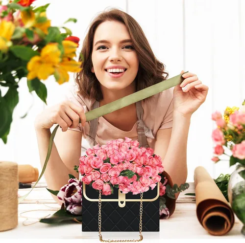Vista 4 de Whaline 6 bolsas de papel de flores con cadena de metal, ramo de almacenamiento, bolsa de floristería, bolsa de mano, cesta de envoltura de ramo