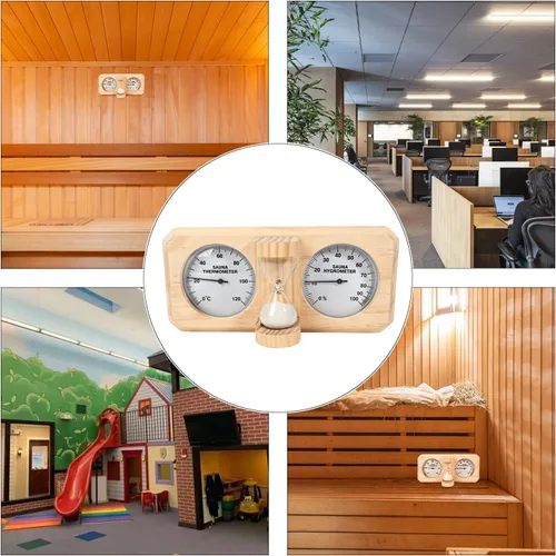 Vista 7 de ikare Termómetro e higrómetro para sauna 3 en 1 de madera con temporizador de arena de reloj de arena de 15 minutos, accesorios de pared para sauna