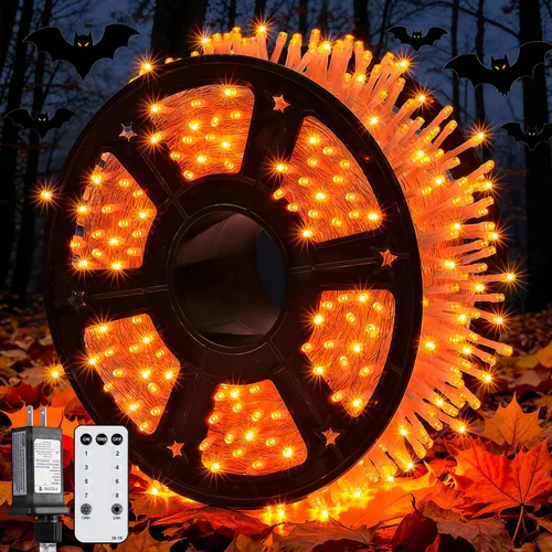 Vista 18 de JMEXSUSS 150 luces LED naranjas de Halloween para interiores y exteriores, luces de Navidad en cadena enchufables para interiores, 8 modos de luces