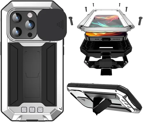 Vista 9 de Simicoo Funda compatible con iPhone 14 con protector de cámara de pantalla con función atril, resistente al agua, de metal militar, resistente