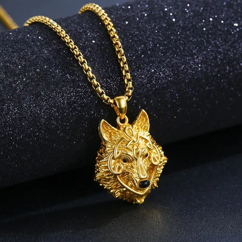 Vista 4 de Twoowl Collar de cabeza de lobo para hombre, plata de ley 925, oro con colgante de lobo, collar Fenrir nórdico pagano, joyería punk para hombres