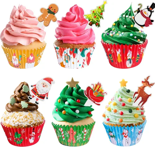 Vista 2 de Forros de cupcakes de Navidad con adornos y púas, envoltorios estándar desechables para cupcakes, tazas para hornear, forros para magdalenas