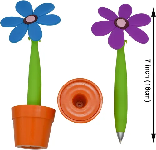 Vista 2 de Maydahui Juego de 4 bolígrafos de flores con soporte para macetas en el escritorio, bonito diseño creativo colorido para fiesta de estudiantes, día