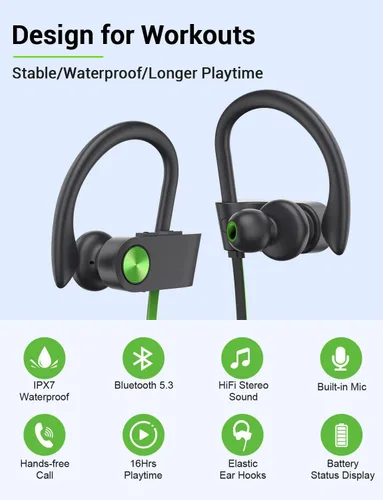 Vista 2 de Stiive Auriculares Bluetooth 5.3 inalámbricos IPX7 impermeables con micrófono, estéreo a prueba de sudor, auriculares con cancelación de ruido