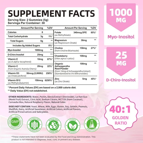 Vista 2 de Gomitas de mio-inositol y D-Chiro inositol, suplemento ideal de proporción 40:1 para mujeres con vitamina D3 y B12 para apoyar el equilibrio