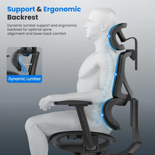 Vista 9 de OdinLake L1 Ergo Upgrade 518 - Silla de oficina ergonómica de malla negra, grande y alta, 350 libras, soporte lumbar dinámico, altura ajustable