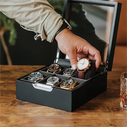 Vista 4 de CASE ELEGANCE Caja de reloj moderna 2x3 acabado negro con mango de aluminio personalizado 6 ranuras con vidrio real