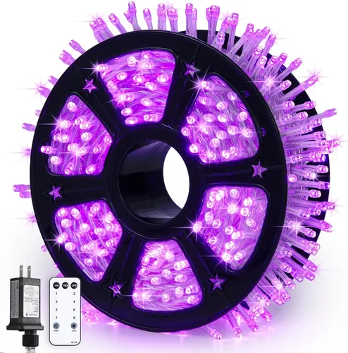 Vista 32 de JMEXSUSS 150 luces LED azules de Navidad para interiores y exteriores, luces de cadena conectables de 59 pies con enchufe, 8 modos de luces de hadas