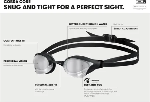 Vista 2 de Arena Gafas de natación de carreras unisex Cobra Core Swipe antivaho para hombres y mujeres con lente de policarbonato con espejo/sin espejo
