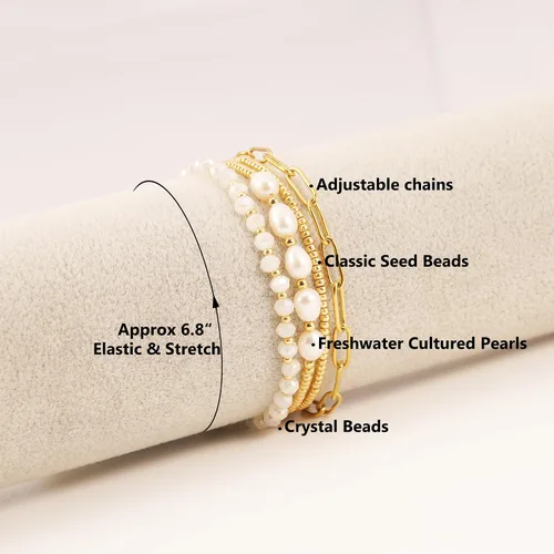 Vista 2 de Pymach Delicado juego de pulseras de cuentas de cristal de perlas de oro para mujer, chapado en oro real de 14 quilates, cuentas de cristal