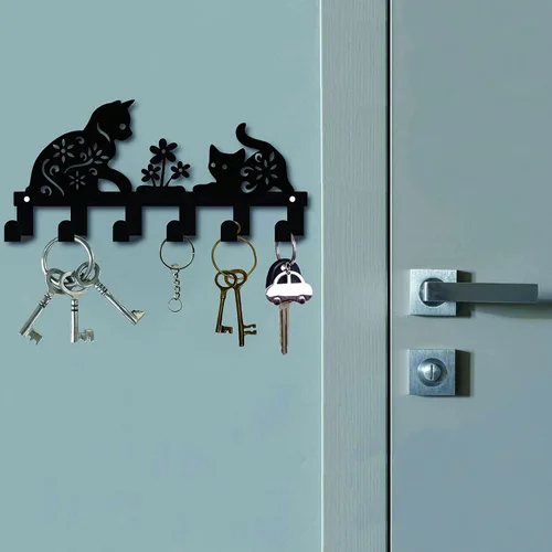 Vista 6 de CREATCABIN Soporte de metal para llaves, ganchos negros para colgar en la pared, organizador colgante decorativo con 6 ganchos, patrón de gato
