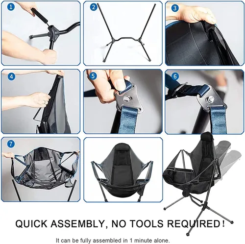 Vista 7 de Silla mecedora para campamento, hamaca con respaldo ajustable, silla plegable para camping, con reposapiés, silla reclinable plegable