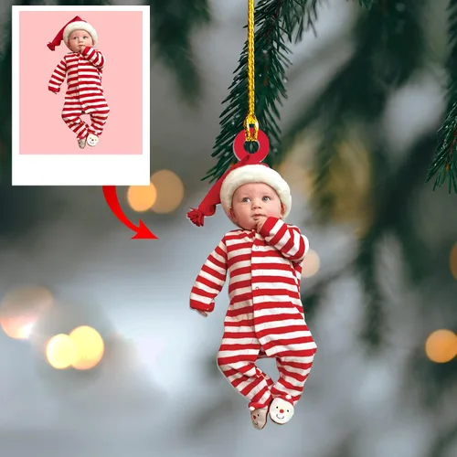 Vista 13 de Adorno personalizado de primera Navidad del bebé con carga de foto, decoración plana colgante de cara de recién nacido para árbol navideño, lindo