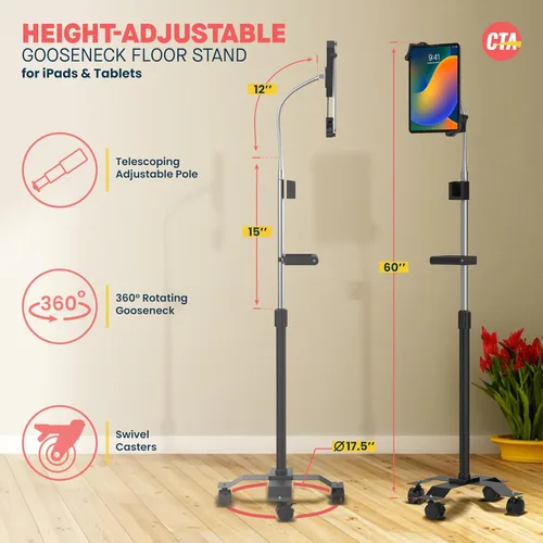 Vista 2 de CTA Digital Soporte de piso móvil compacto, ajustable con cuello de cisne con mango y ruedas giratorias para iPad Gen 7-10, iPad Air 4, 12.9