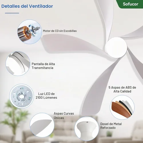 Vista 3 de Sofucor Ventilador de techo inteligente de perfil bajo de 52 pulgadas con luces y control remoto, ventilador de techo empotrado funciona con Blanco