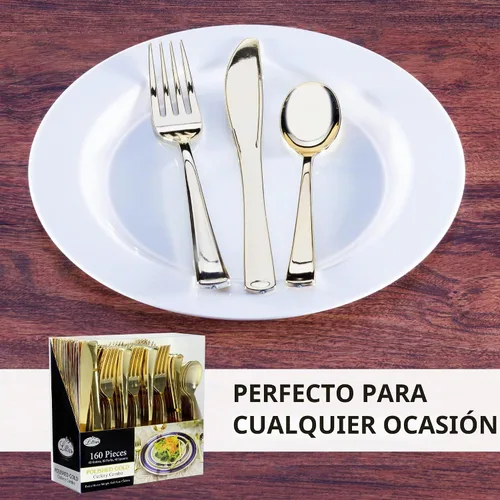 Vista 8 de Juego de cubiertos de plástico dorado, 160 unidades, cubiertos extra resistentes, cubiertos desechables, 80 tenedores, 40 cucharas, 40 cuchillos