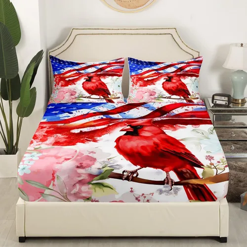 Vista 3 de Erosebridal Juego de sábanas de cardenal con bandera estadounidense, tamaño individual, coloridas flores florales, sábana bajera ajustable con ramas