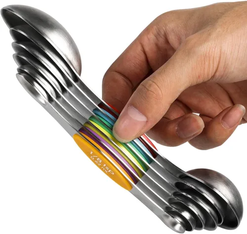 Vista 9 de Juego de cucharas medidoras magnéticas de acero inoxidable de doble cara apilables, cucharadita y cucharada para medir ingredientes secos y líquidos