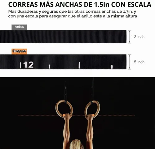 Vista 2 de PACEARTH Anillos olímpicos de madera para gimnasia de 1500/1000 libras con hebilla de leva ajustable de 14.76 pies/9 pies de largo, correas