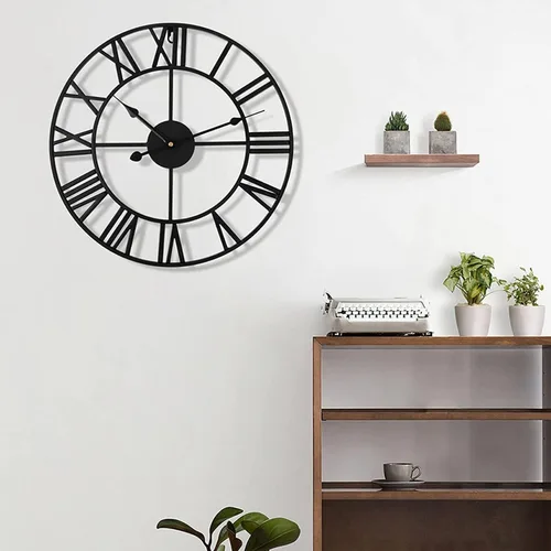 Vista 7 de Reloj de pared de metal industrial europeo grande, números romanos retro, movimiento de cuarzo silencioso para sala de estar, cocina, decoración