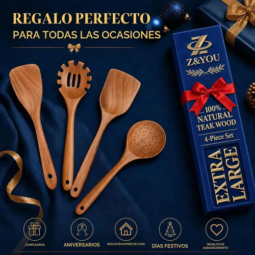 Vista 5 de Juego de utensilios de madera de teca extra grandes de 4 piezas, espátula de madera antiadherente para cocinar, cuchara espumadera y cuchara