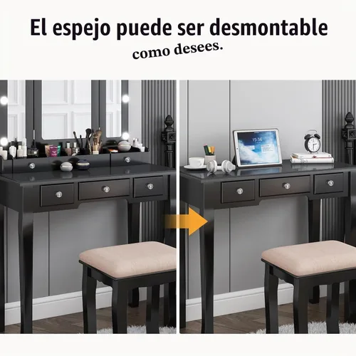 Vista 6 de Escritorio de tocador con espejo y luces de maquillaje con luces mesa con luz tocador de maquillaje con cajones negro juego de tocador para niñas