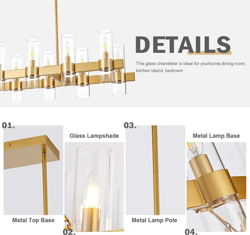 Vista 4 de Candelabros Lineales Dorados para Comedor, Candelabro Rectangular de 54" con Vidrio, Candelabros Modernos de 16 Luces Sobre Mesa, Candelabro