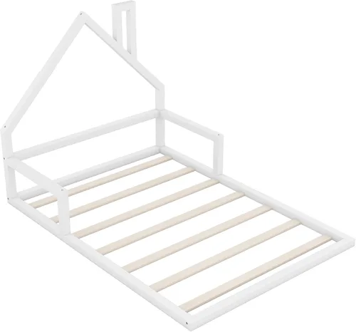 Vista 6 de Harper & Bright Designs Cama de suelo de tamaño matrimonial con cabecera en forma de casa, marco de cama Montessori, cama de plataforma, cama