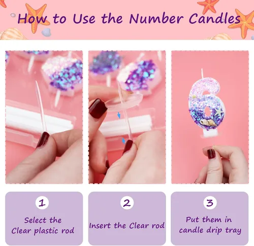 Vista 5 de 6 velas de cumpleaños de 2.5 pulgadas con temática de sirena, 1 vela número 6, 3 velas de cola de sirena, 2 velas de concha para decoración